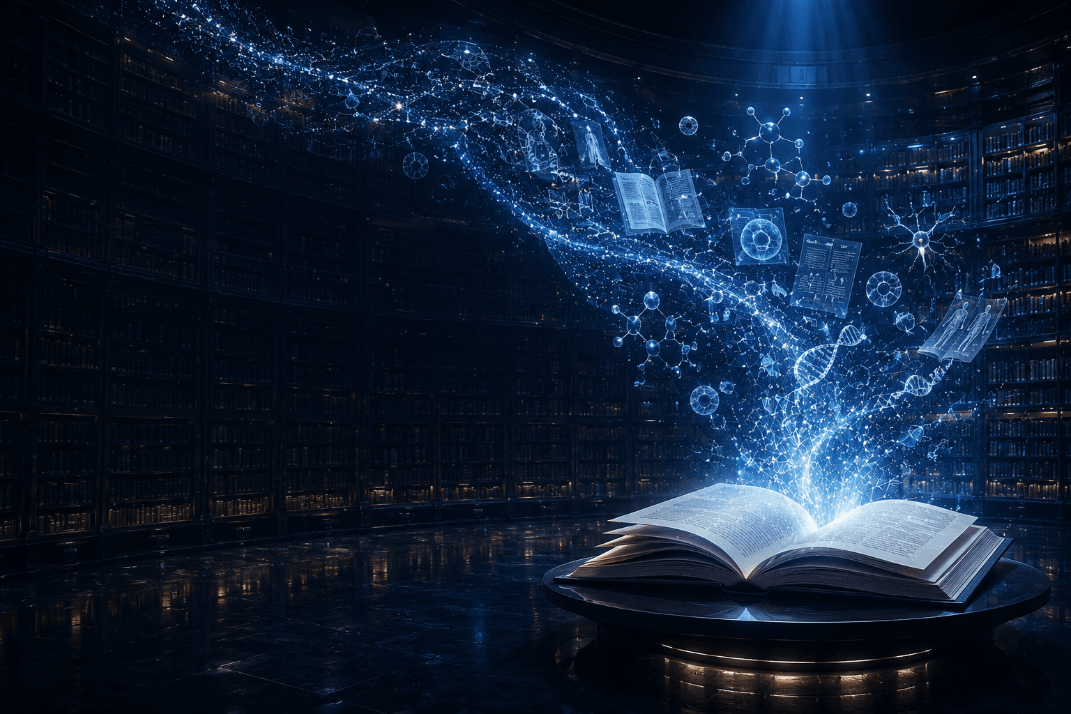 A glowing open book releasing a stream of light, DNA, and scientific knowledge inside a vast library